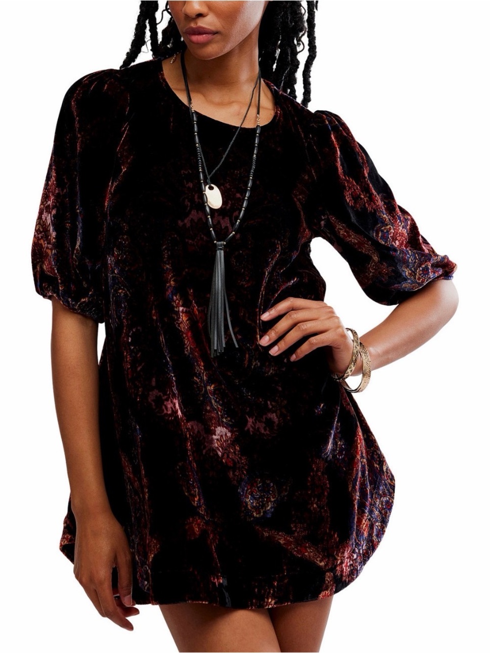 Free People Velvet Puff Sleeve Tunic in Deep Burgundy and Navy